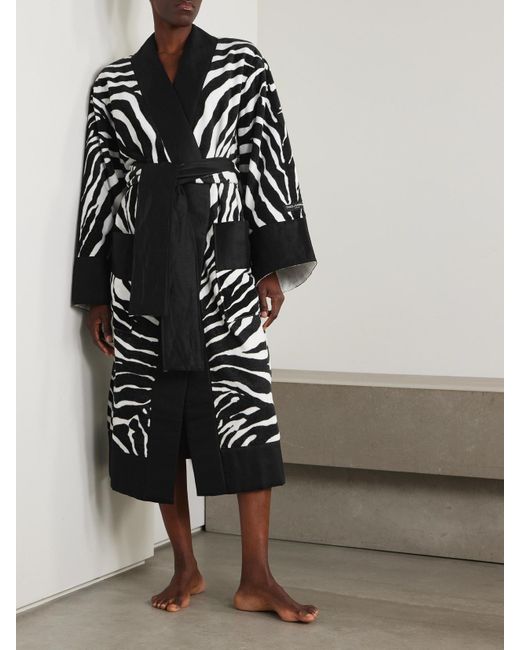 Dolce & Gabbana Black Morgenmantel Aus Baumwollfrottee Mit Zebra-Print Und Bindegürtel