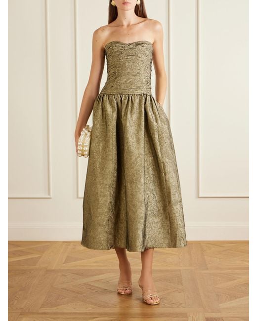 Ulla Johnson Natural Lumina Strapless Gathered Crinkled Taffeta Midi Dress