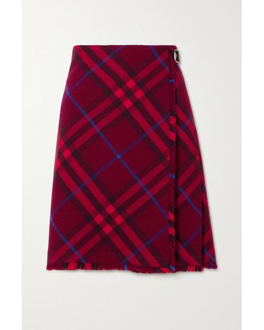 Burberry Wrapeffect Checked Wool Skirt in Red Lyst