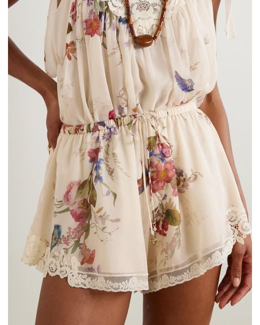 Zimmermann Natural Patience Lace-Trimmed Floral-Print Cotton And Silk-Blend Shorts