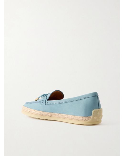Tod's Blue Gomma Raffia-Trimmed Bow-Detailed Suede Loafers