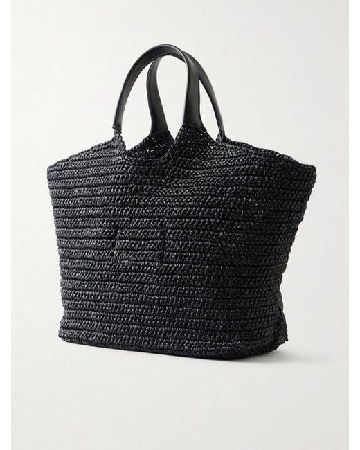 Balmain Black Cabas Large Logo-Embroidered Leather-Trimmed Raffia Shoulder Bag