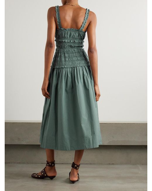 Doen Marianne Shirred Organic Cotton-Poplin Midi Dress in Green | Lyst