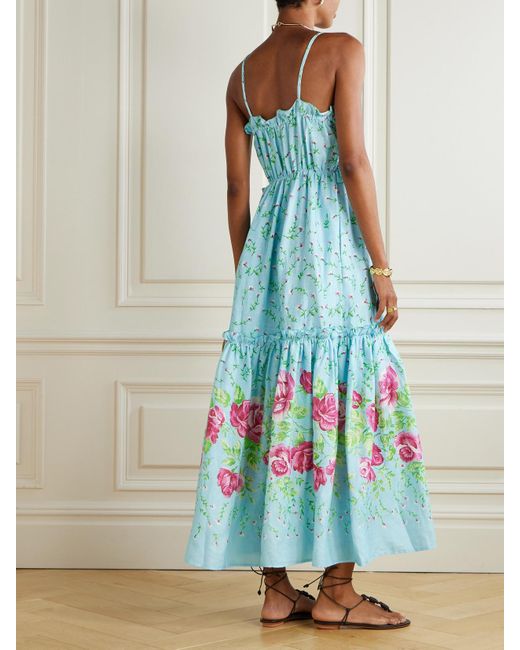 Loretta Caponi Blue Bianca Embroidered Smocked Ruffled Floral-Print Linen Maxi Dress