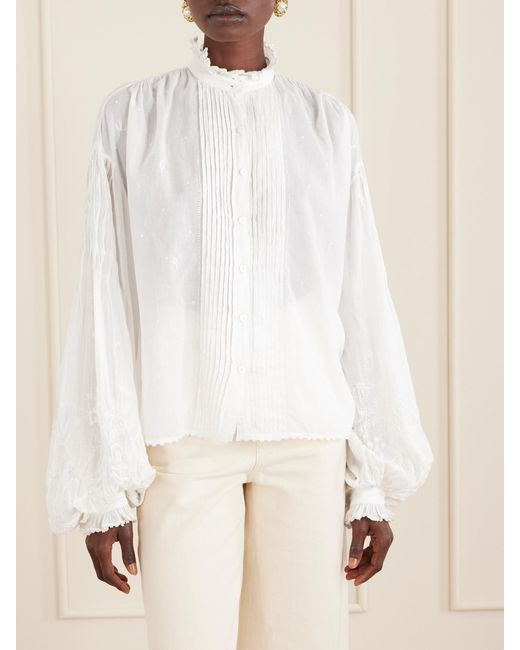 Thierry Colson White Slava Ruched Pleated Embroidered Cotton-Voile Shirt
