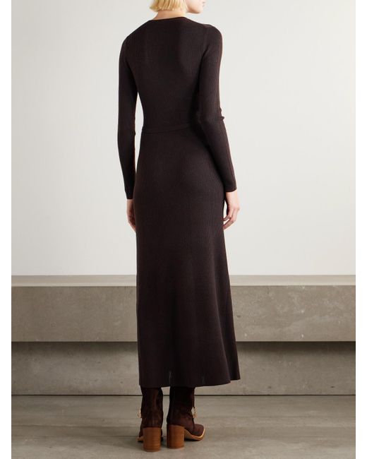 Gabriela Hearst Black Imagene Belted Ribbed Pointelle-Knit Wool Midi Dress