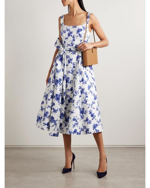 Carolina Herrera Blue Belted Floral-Print Faille Midi Dress