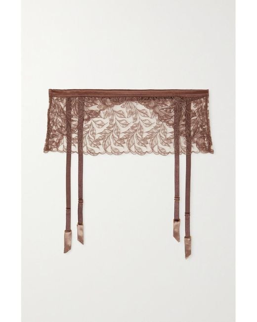 Coco De Mer Brown Paeonia Satin-Trimmed Embroidered Tulle Suspender Belt