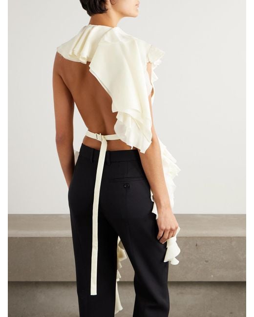 Alexander McQueen White Asymmetric Open-Back Ruffled Silk-Chiffon Blouse