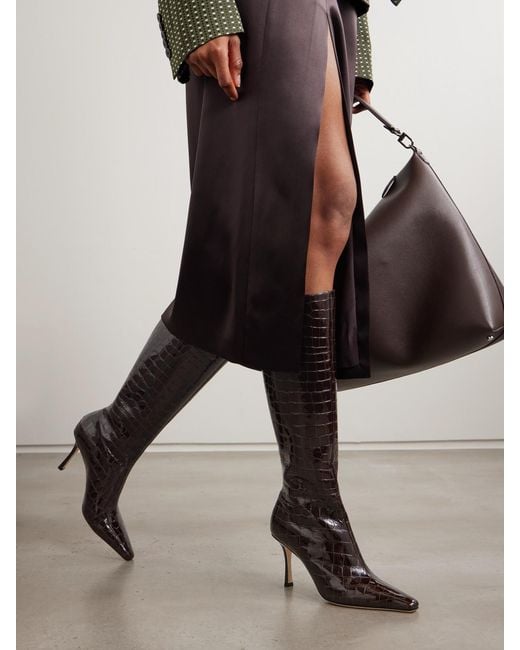 Jimmy Choo Brown Agathe 85 Leather Croc-Embossed Knee-High Boots