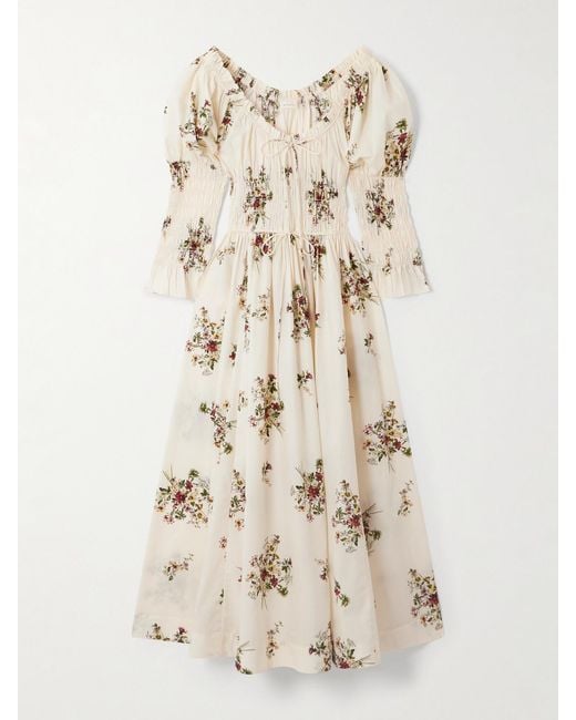 Doen Natural Kaira Shirred Floral-Print Organic Cotton-Poplin Midi Dress
