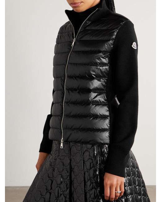 Moncler Black Cardigan Aus Wolle Und Gestepptem Shell Mit Daunenfüllung