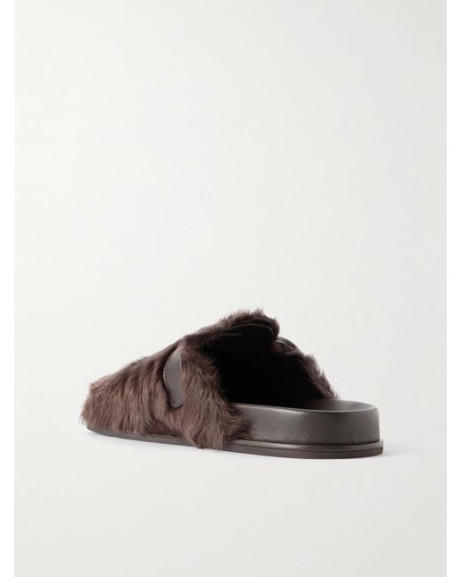 Aquazzura Brown Cuddle Buckled Leather-Trimmed Shearling Slip-Ons