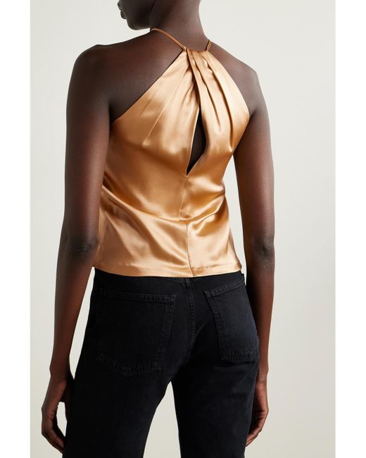 Nili Lotan Natural Edwige Gathered Silk-Satin Halterneck Top