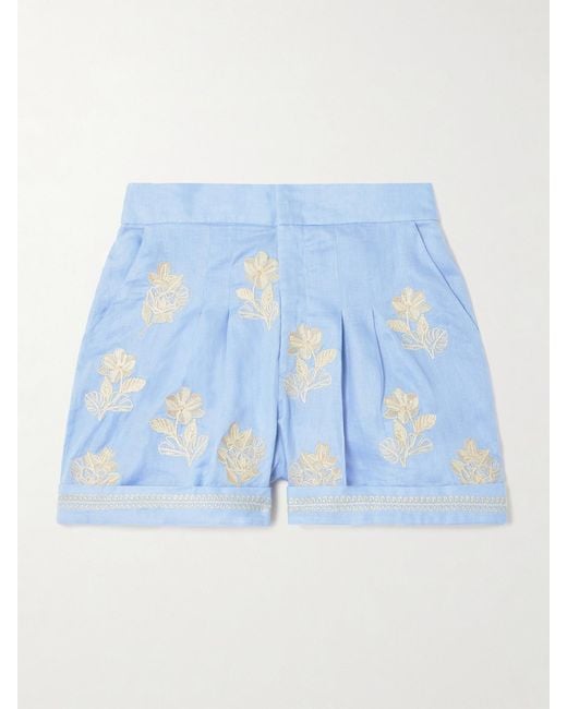Agua Bendita Blue Romy Madera Embroidered Linen Shorts