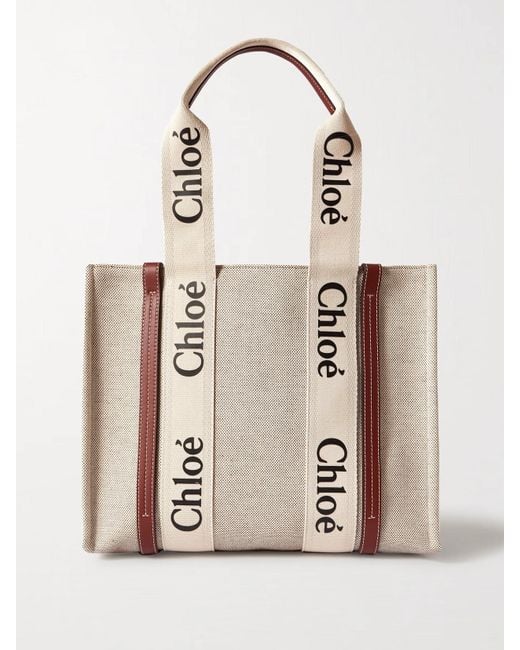 Chloé Natural Net Sustain Woody Mittelgroße Tote Aus Leinen Mit Lederbesätzen