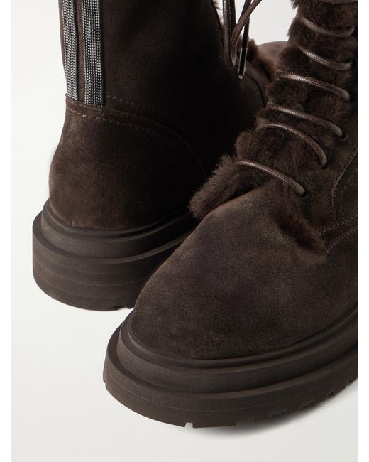Brunello Cucinelli Black Bead-Embellished Shearling-Lined Suede Ankle Boots