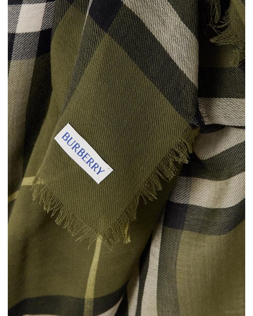 Burberry Green Checked Fringed Wool Scarf