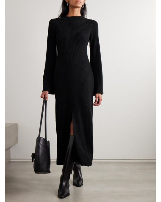 LeKasha Black Logan Ribbed Organic Cashmere Midi Dress