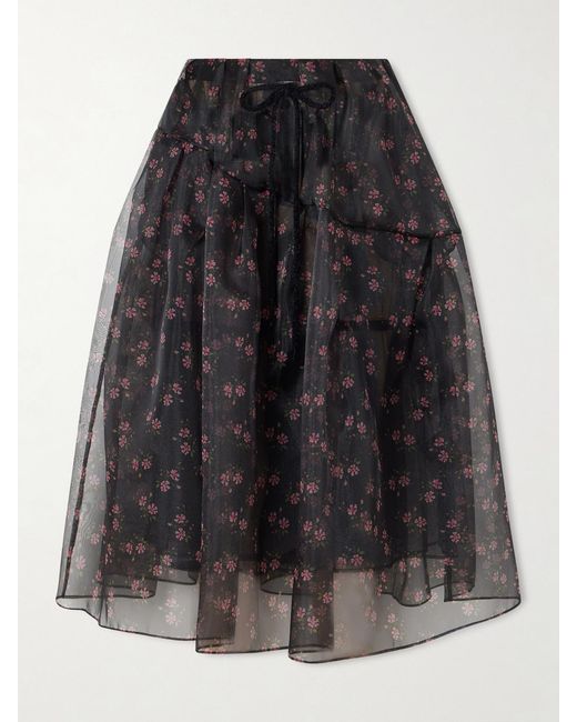 Simone Rocha Black Tiered Floral-Print Organza Midi Skirt