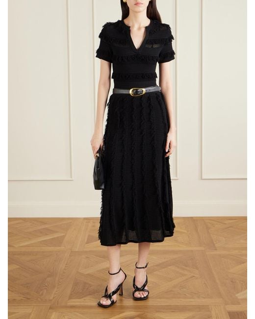 Max Mara Black Grazia Fringed Knitted Midi Dress