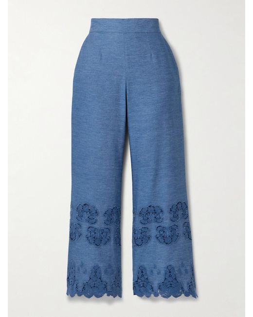 Miguelina Blue Alegra Schlaghose Aus Baumwoll-Chambray Mit Besätzen Aus Guipure-Spitze Mit Wellenkanten