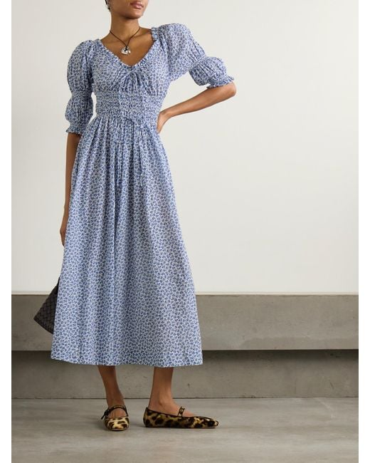 Doen Ischia Shirred Floral-Print Organic Cotton-Voile Midi Dress in Blue | Lyst Doen Ischia Shirred Floral-Print Organic Cotton-Voile Midi Dress in Blue | Lyst
