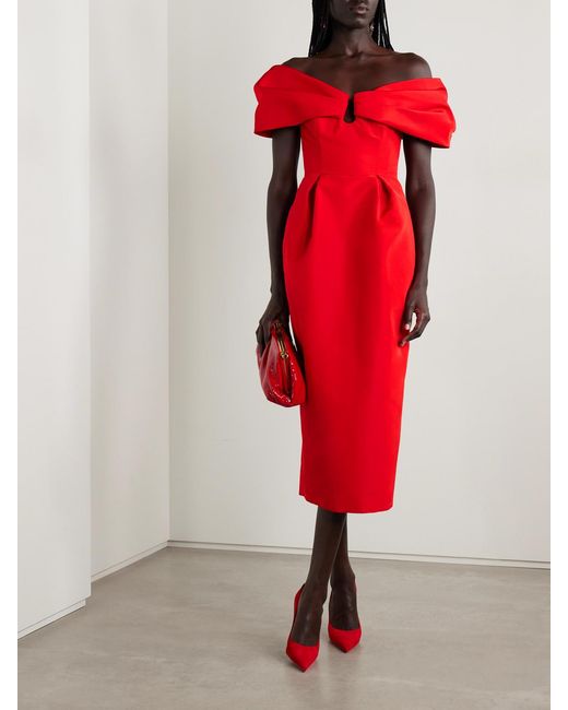 Carolina Herrera Red Off-The-Shoulder Pleated Silk-Faille Midi Dress