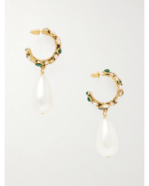 Saint Laurent White Tone, Crystal And Pearl Hoop Earrings