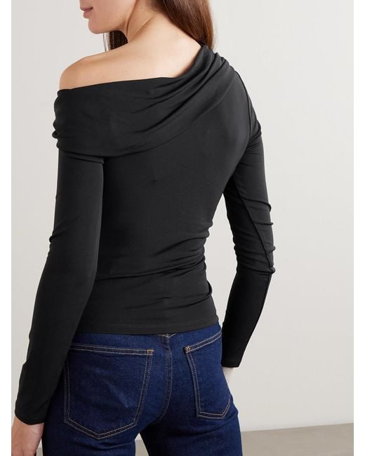 Veronica Beard Black Lozea Asymmetric Embellished Stretch-Mesh Top