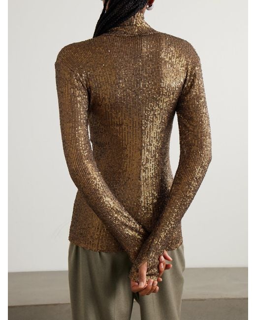 Norma Kamali Brown Sequined Stretch-Mesh Turtleneck Top