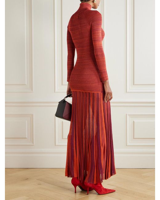 Christopher John Rogers Red Pleated Ribbed-Knit Turtleneck Gown