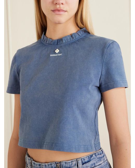 ShuShu/Tong Blue Embroidered Lace-Trimmed Cotton T-Shirt