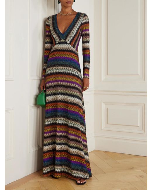 missoni metallic crochet knit maxi dress Missoni Signature Zig Zag Metallic Crochet Knit Halterneck Maxi Dress in size 10