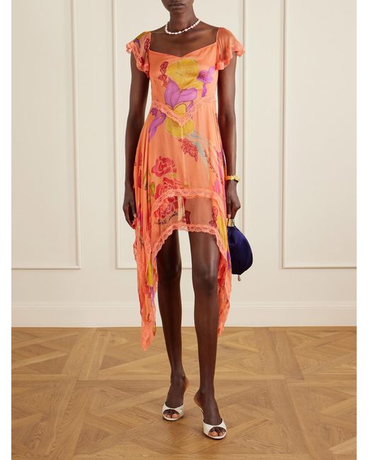 Donde Esteban Orange Guava Flores Ruffled Asymmetric Lace-Trimmed Silk-Chiffon Midi Dress