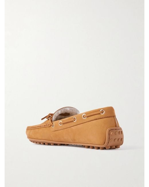 Tod's Brown Gommino Shearling-Trimmed Suede Loafers