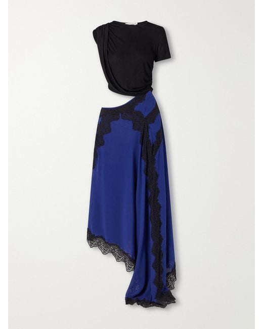 Christopher Esber Blue Verve Asymmetric Lace-Trimmed Silk-Georgette And Ribbed Jersey Dress