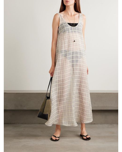 Leset White Carmen Checked Cotton And Silk-Blend Maxi Dress