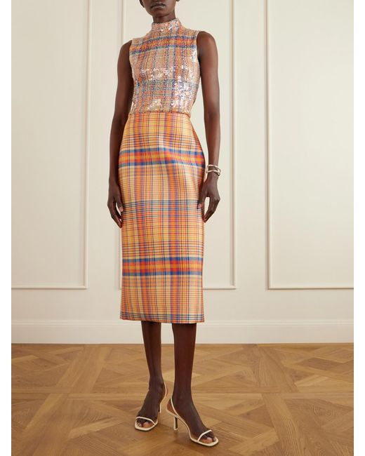 Brandon Maxwell Orange Mercer Checked Wool And Silk-Blend Mikado Midi Skirt