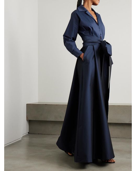 BERNADETTE Blue Beatrice Belted Taffeta Maxi Shirt Dress