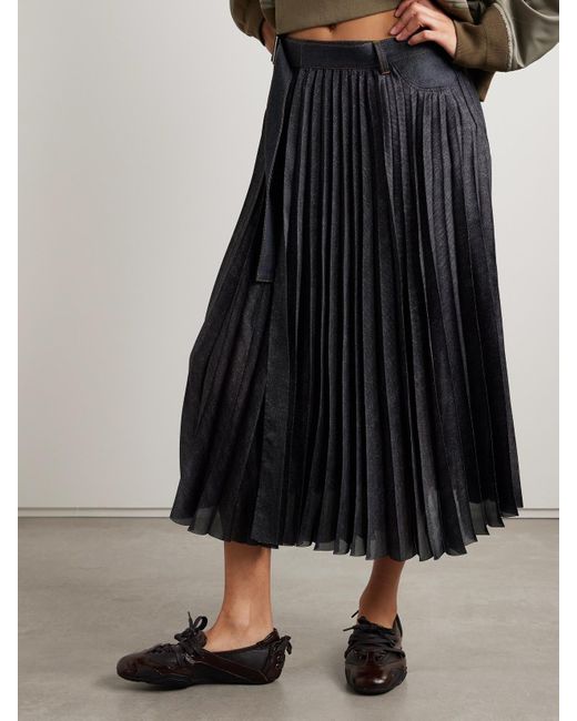 Sacai Blue Denim-Trimmed Pleated Printed Crepe De Chine Midi Wrap Skirt