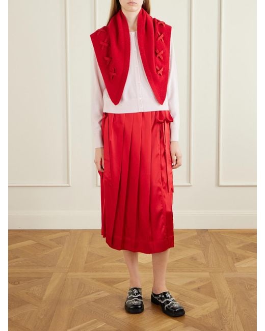 Simone Rocha Red Pleated Sheer Satin Midi Skirt
