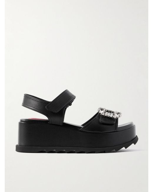 Roger Vivier Black Crystal-Embellished Leather Platform Sandals