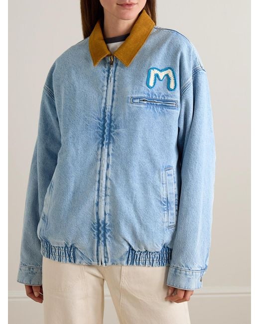 Mother Blue The Super Sizer Corduroy-Trimmed Appliquéd Denim Jacket