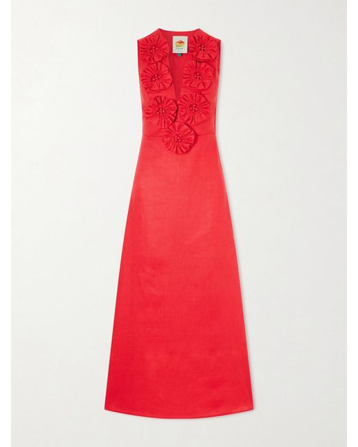 Farm Rio Red Floral-Appliquéd Linen Midi Dress