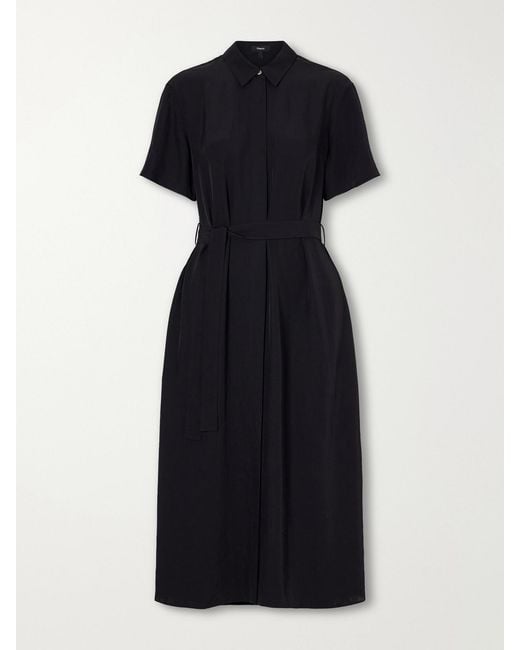 Theory Black Belted Crepe Midi Dress