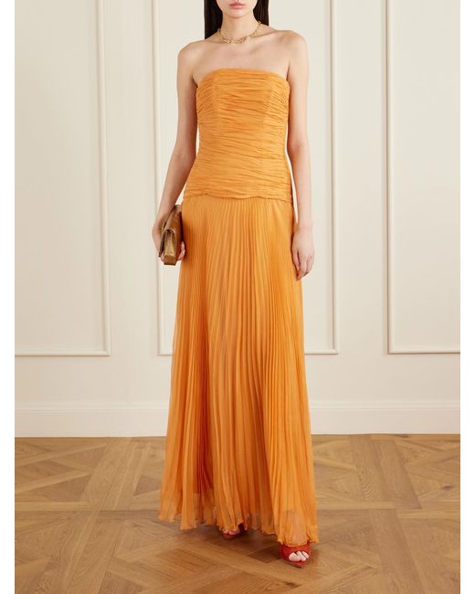 ANDRES OTALORA Orange Puente De Sol Pleated Crinkled Silk-Chiffon Maxi Dress