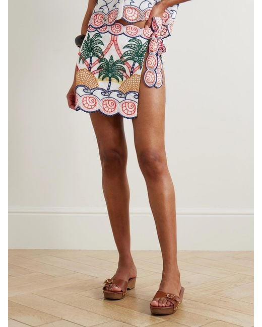 Farm Rio White Scalloped Richelieu Cotton Mini Skirt