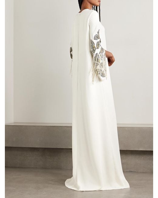 Oscar de la Renta White Embroidered Embellished Silk-Blend Crepe Gown