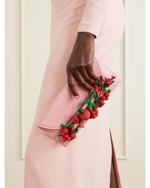 Aquazzura Pink Botanica Embellished Raffia Clutch